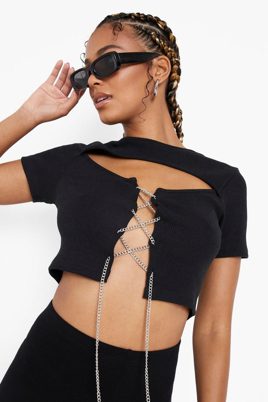 Black Chain Lace Up Crop Top image number 1