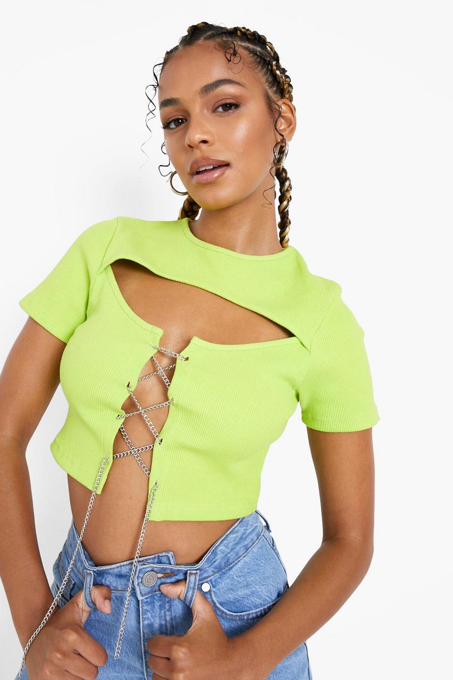 Lime Chain Lace Up Crop Top image number 1