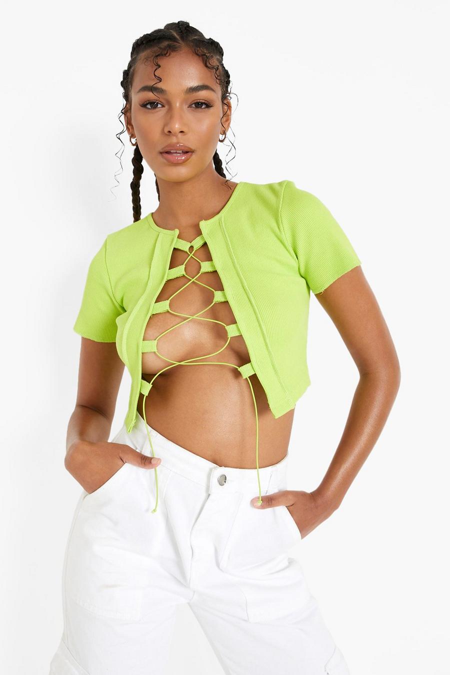 Lime Exposed Seam Lace Up Crop Top image number 1