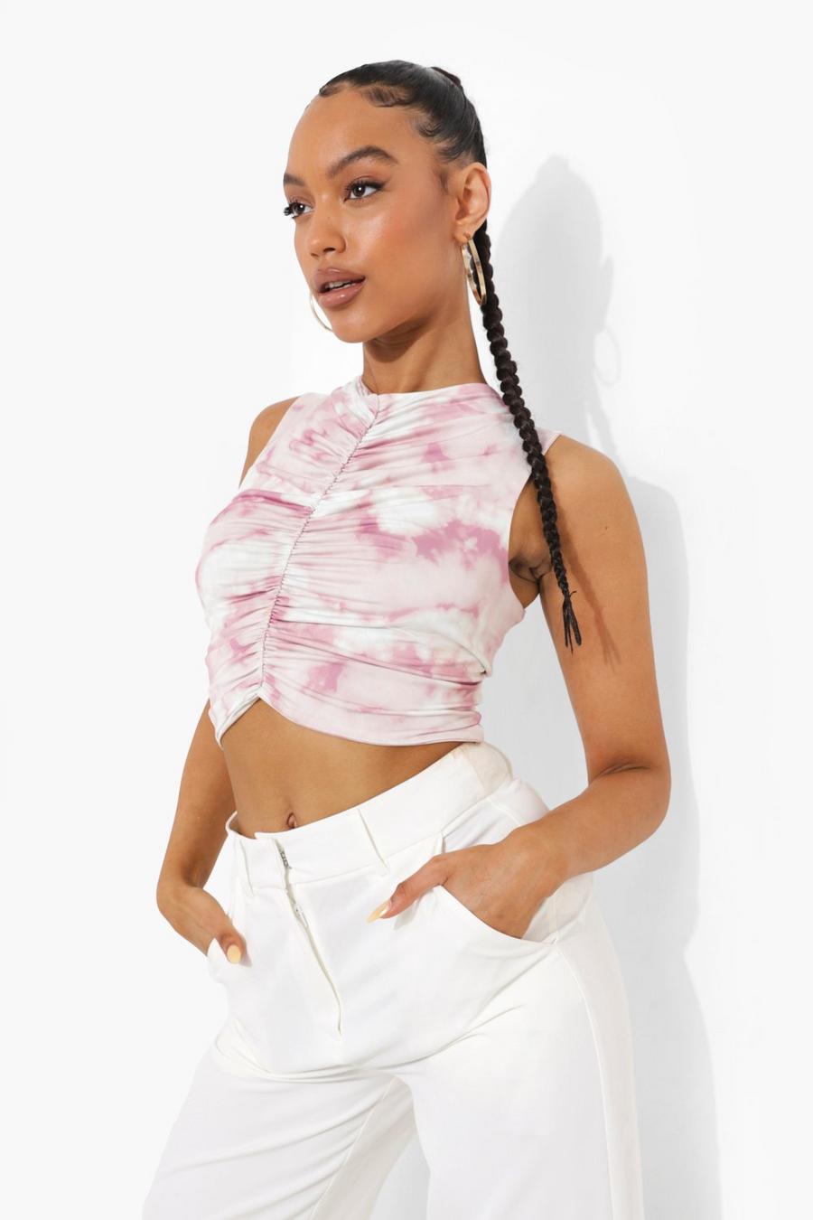 Pink Marble Print Ruched Front Racer Top image number 1