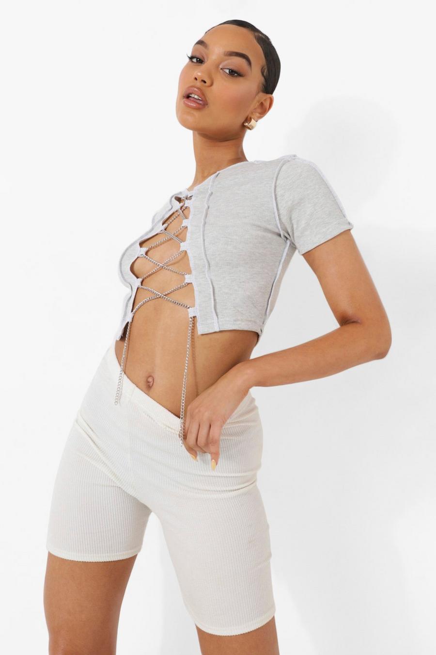 Light grey Seam Detail Chain Lace Up Top image number 1