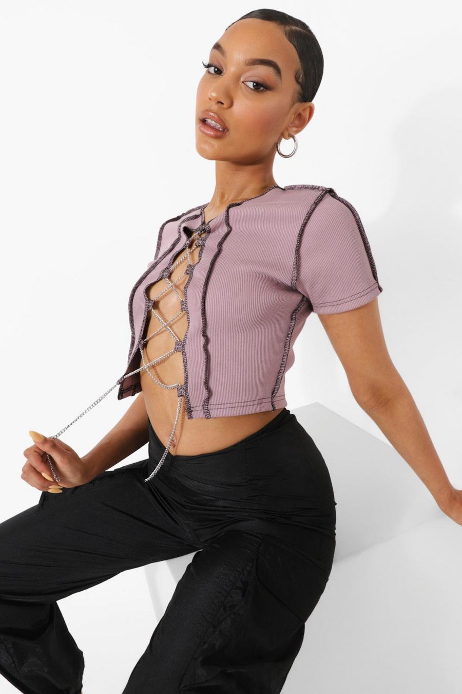 Lilac Seam Detail Chain Lace Up Top image number 1