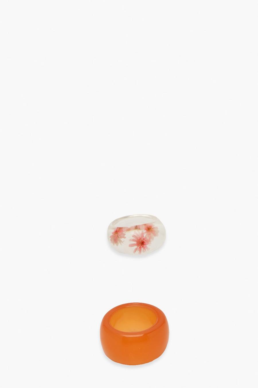 Peach 2 Pack Orange Flower Curved Resin Rings image number 1