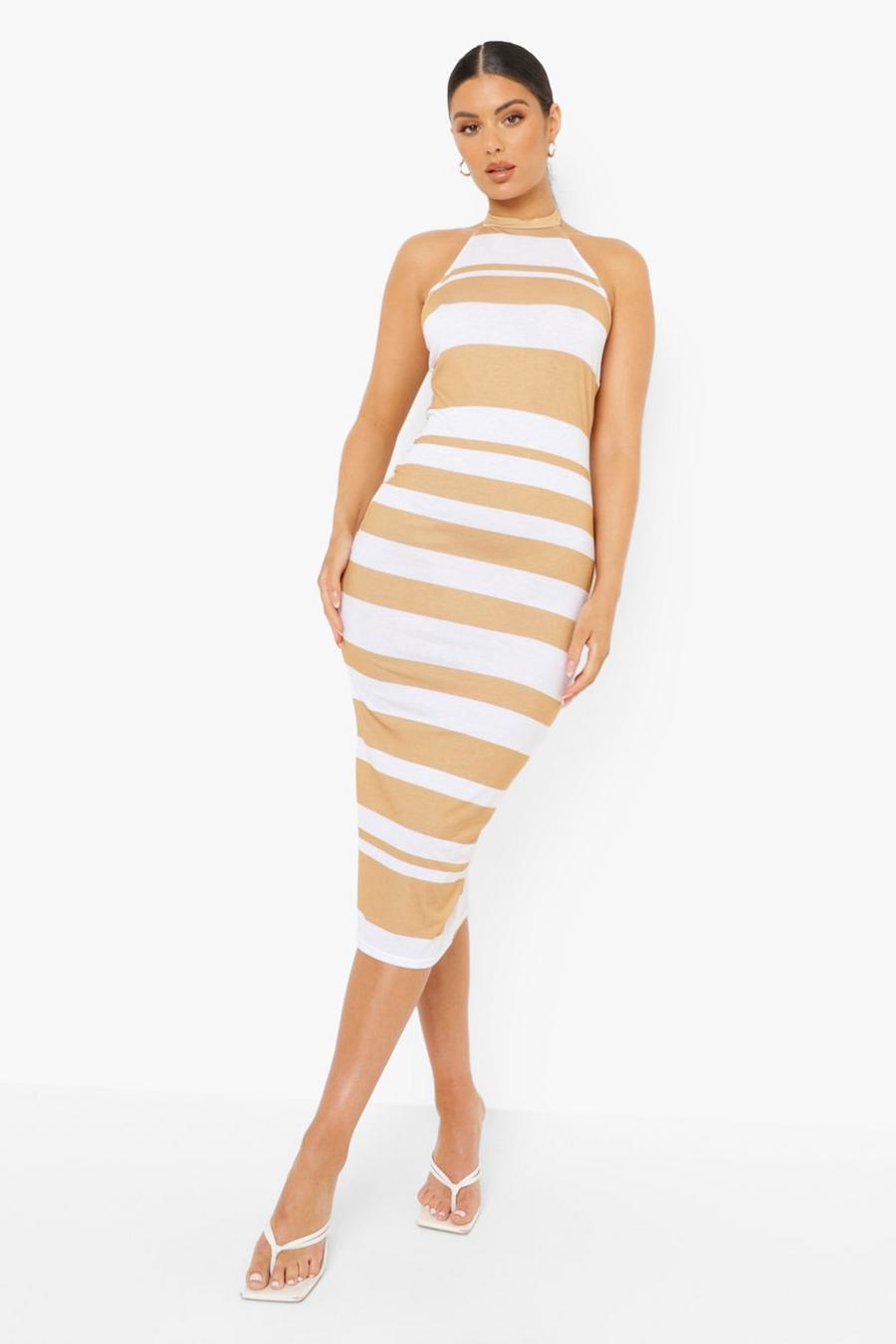 White Tonal Striped Halterneck Midaxi Dress image number 1