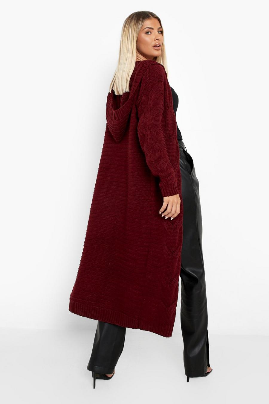 Berry red Cable Hooded Midi Cardigan