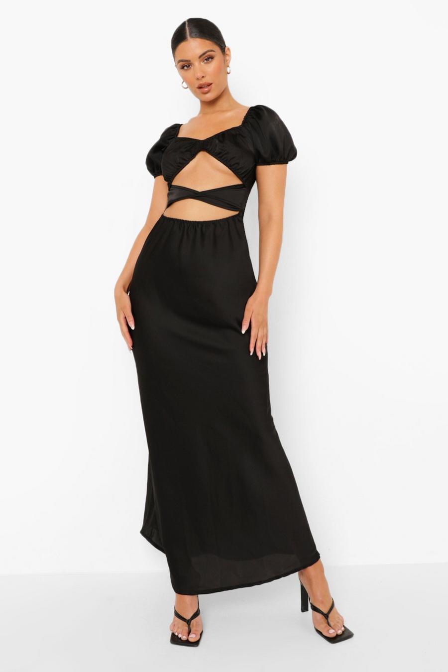 Black Satin Cut Out Puff Sleeve Maxi Dress image number 1