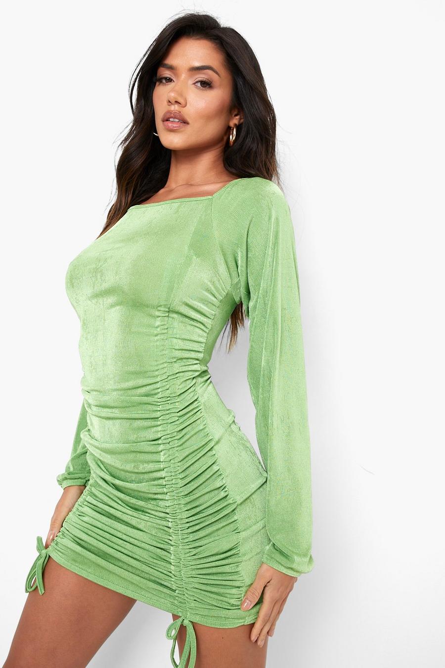 Olive Tonal Slinky Ruched Long Sleeve Mini Dress image number 1