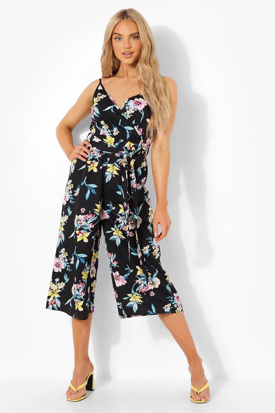 Black Floral Strappy Woven Culotte Jumpsuits image number 1