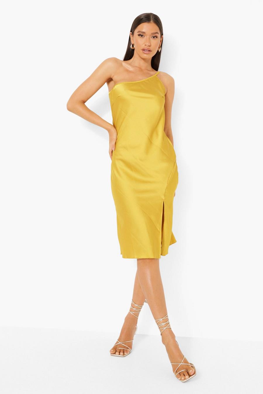 Chartreuse Satin One Shoulder Strappy Midi Dress image number 1