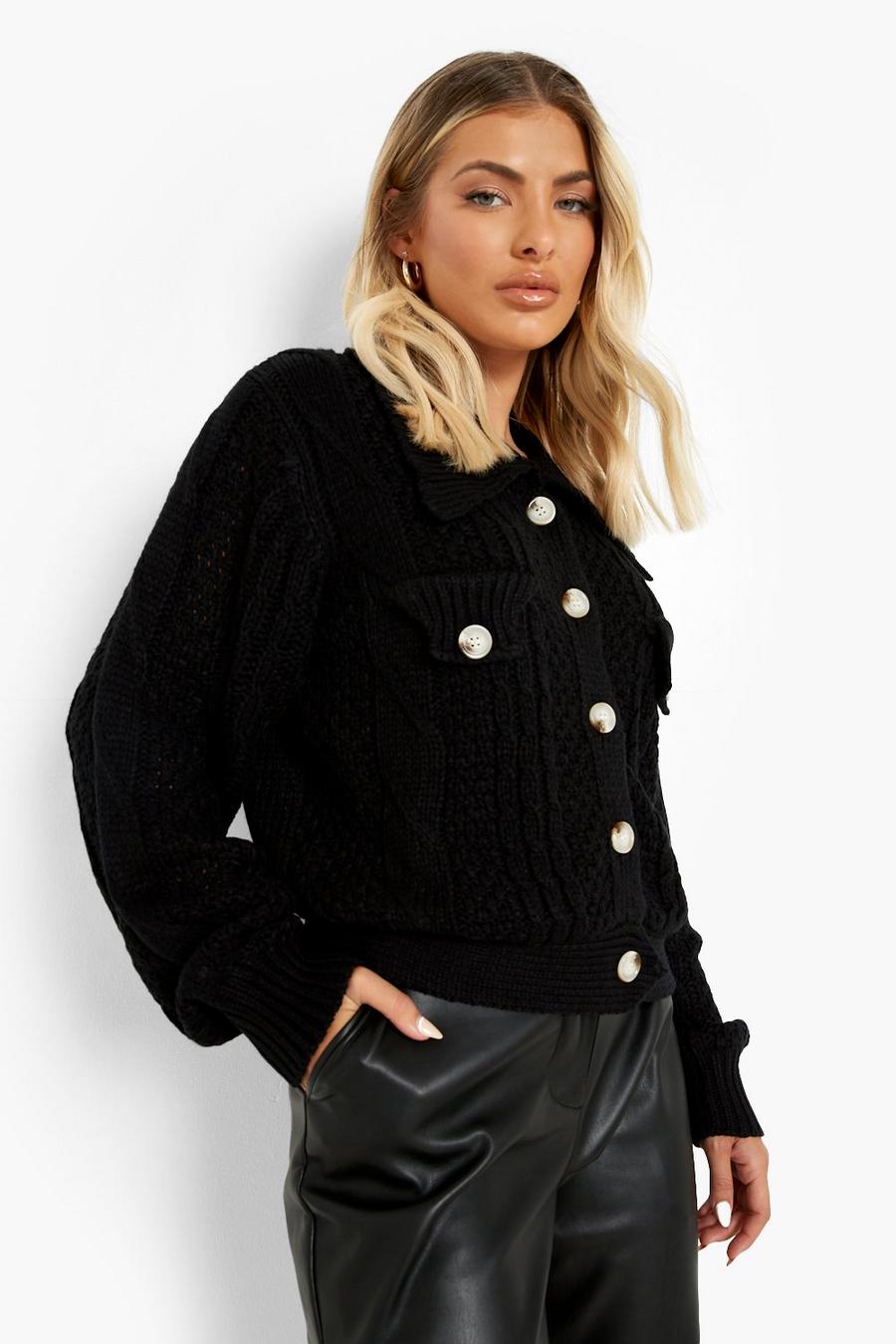 Black Cable Knit Polo Collar Cardigan image number 1