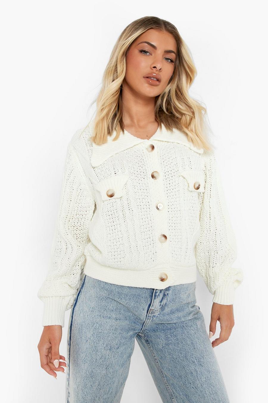 Cream Cable Knit Polo Collar Cardigan image number 1