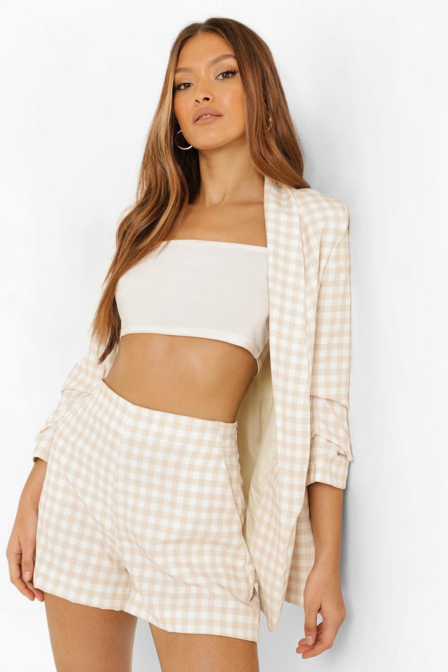 Stone Gingham Ruched Sleeve Tailored Blazer image number 1