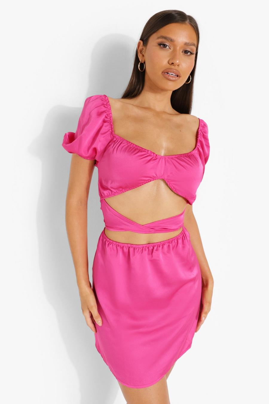 Pink Satin Cut Out Puff Sleeve Skater Dress image number 1