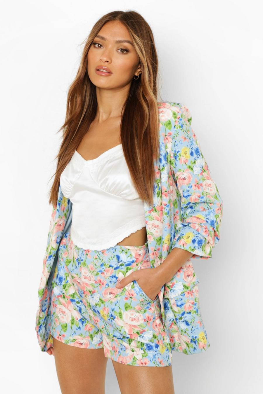 Blue Floral Ruched Sleeve Tailored Blazer image number 1