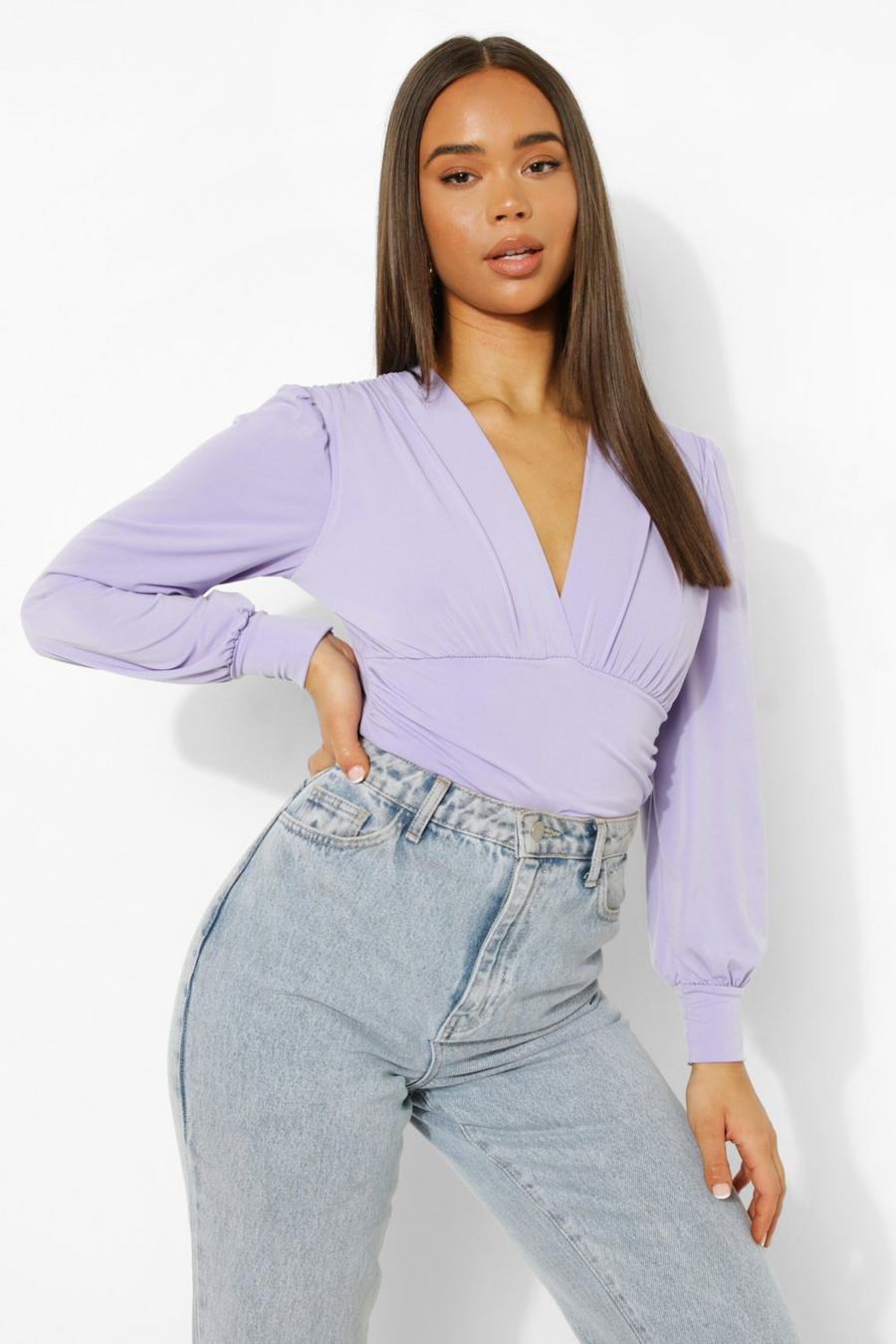 Lilac Ruched Plunge Front Bodysuit image number 1