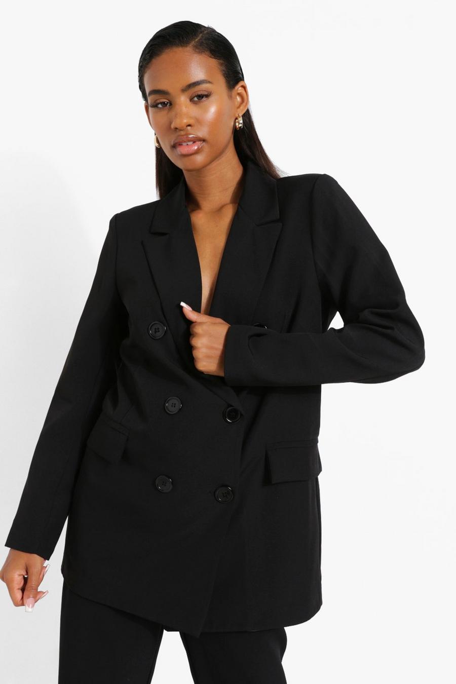 Black Double Breasted Longline Tailored Blazer image number 1