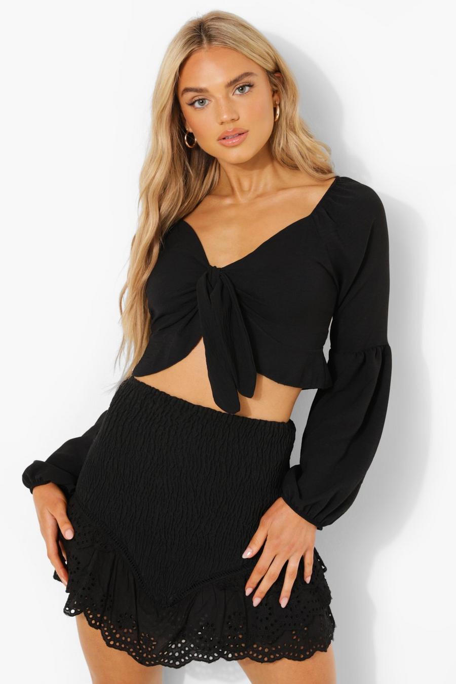 Black Ruffle Front Cropped Blouse image number 1