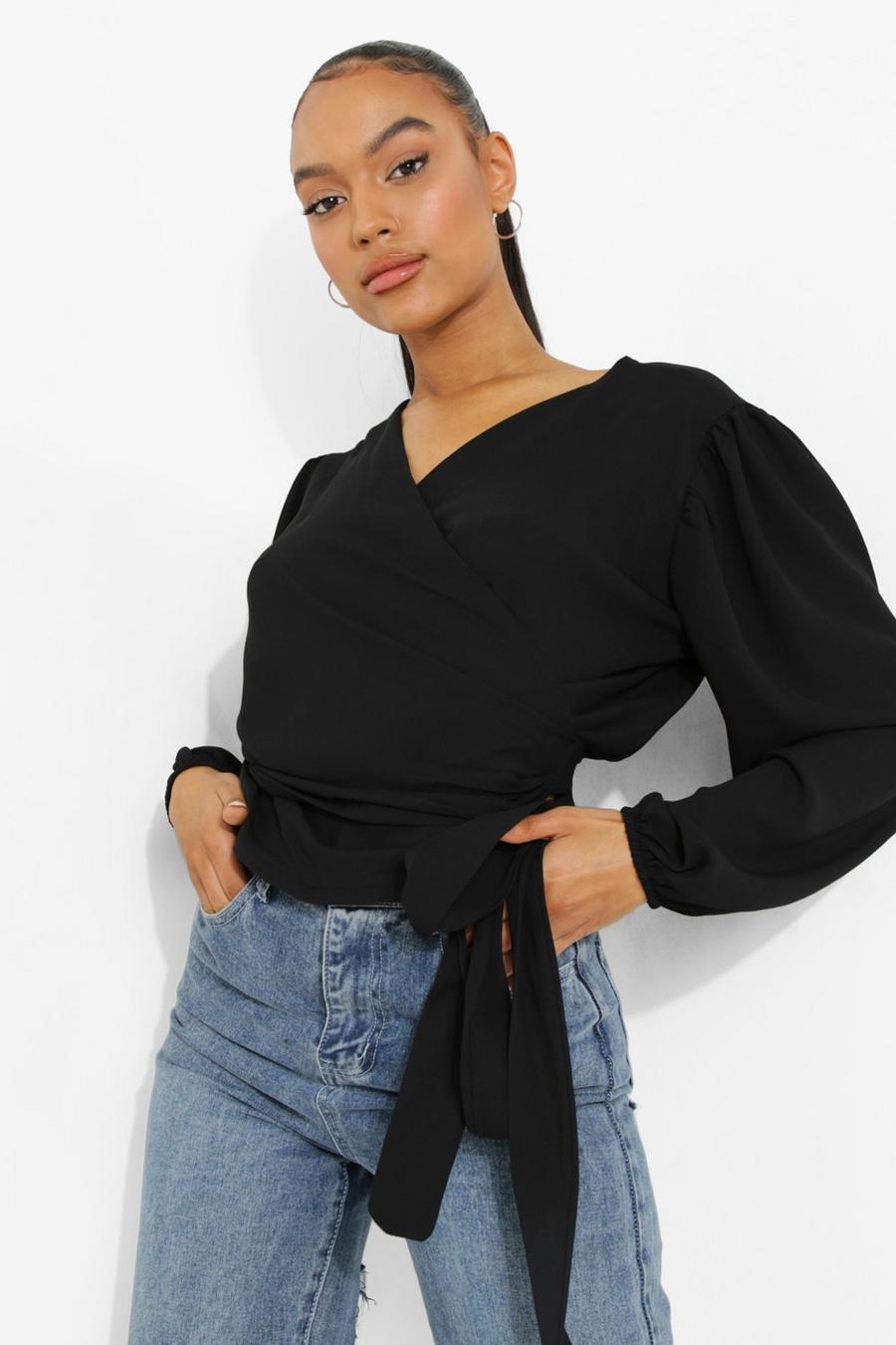 Black Wrap Front Woven Blouse image number 1