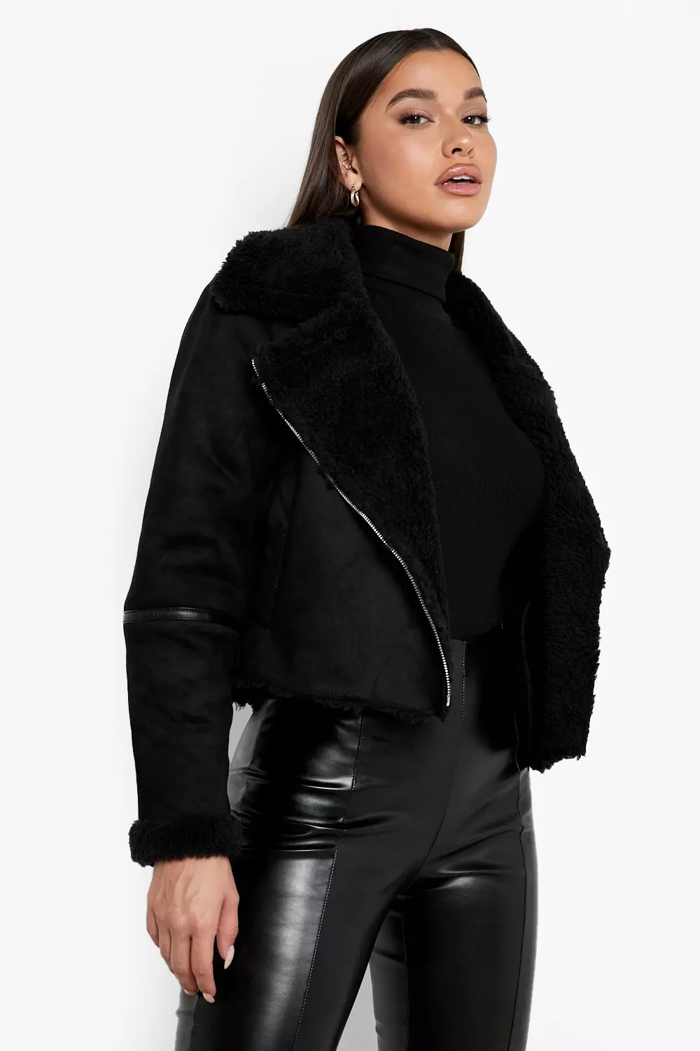 Black faux shearling shop trim aviator jacket