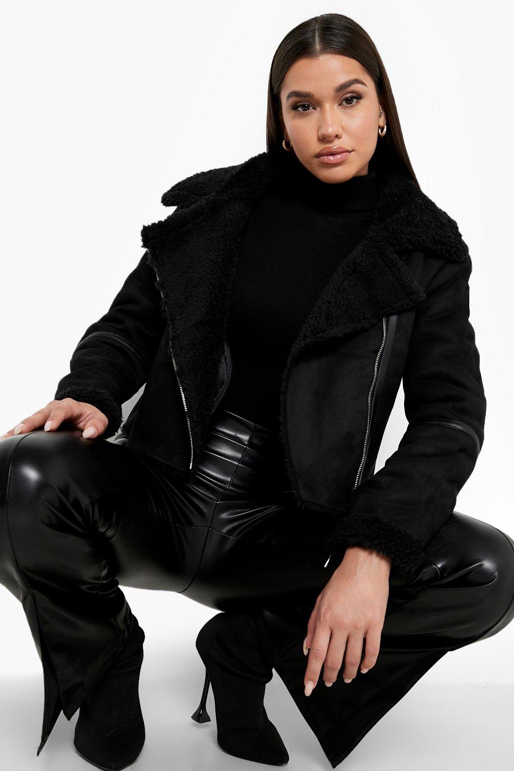 Black Faux Fur Lined Aviator Jacket