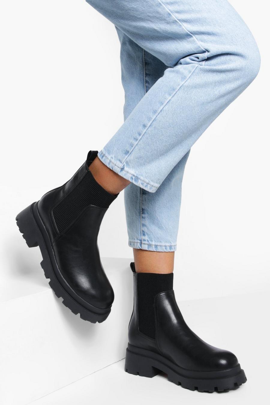 Black Wide Fit Chunky Sole Chelsea Boots