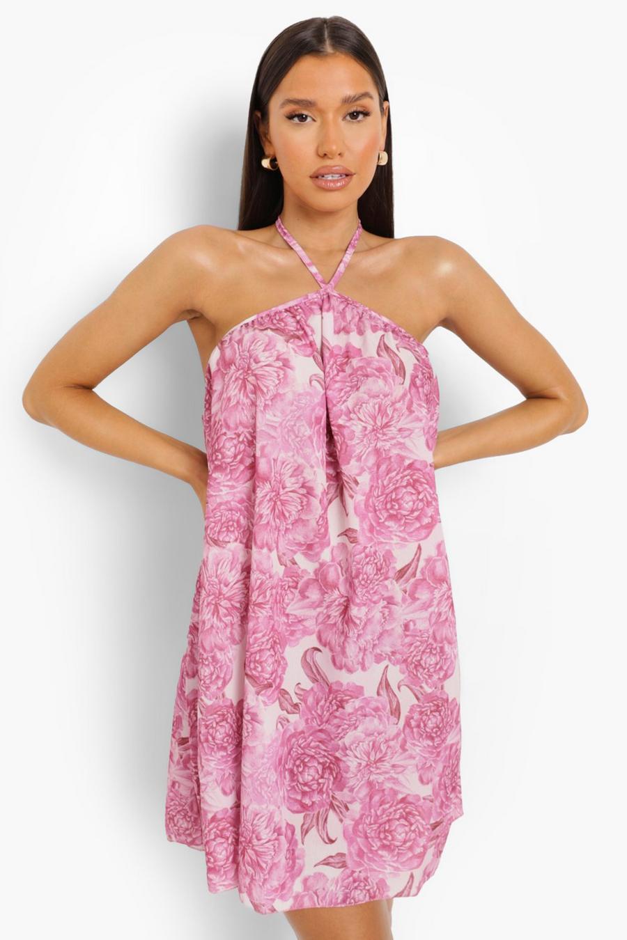 Pink Floral Halter Neck Mini Dress
