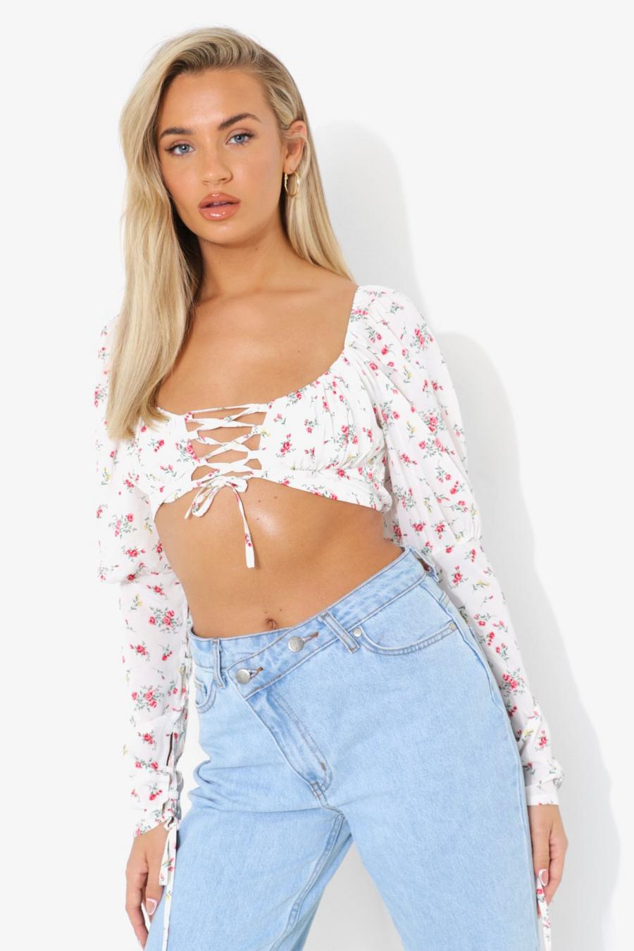 White Floral Tie Detail Long Sleeve Top image number 1