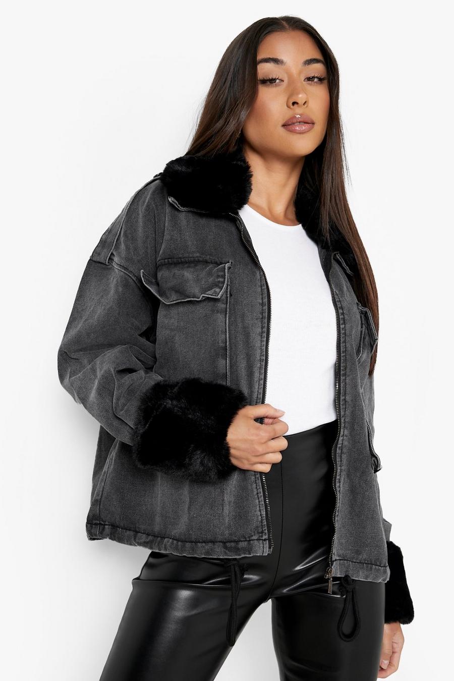 Black Detachable Faux Fur Trim Denim Jacket image number 1