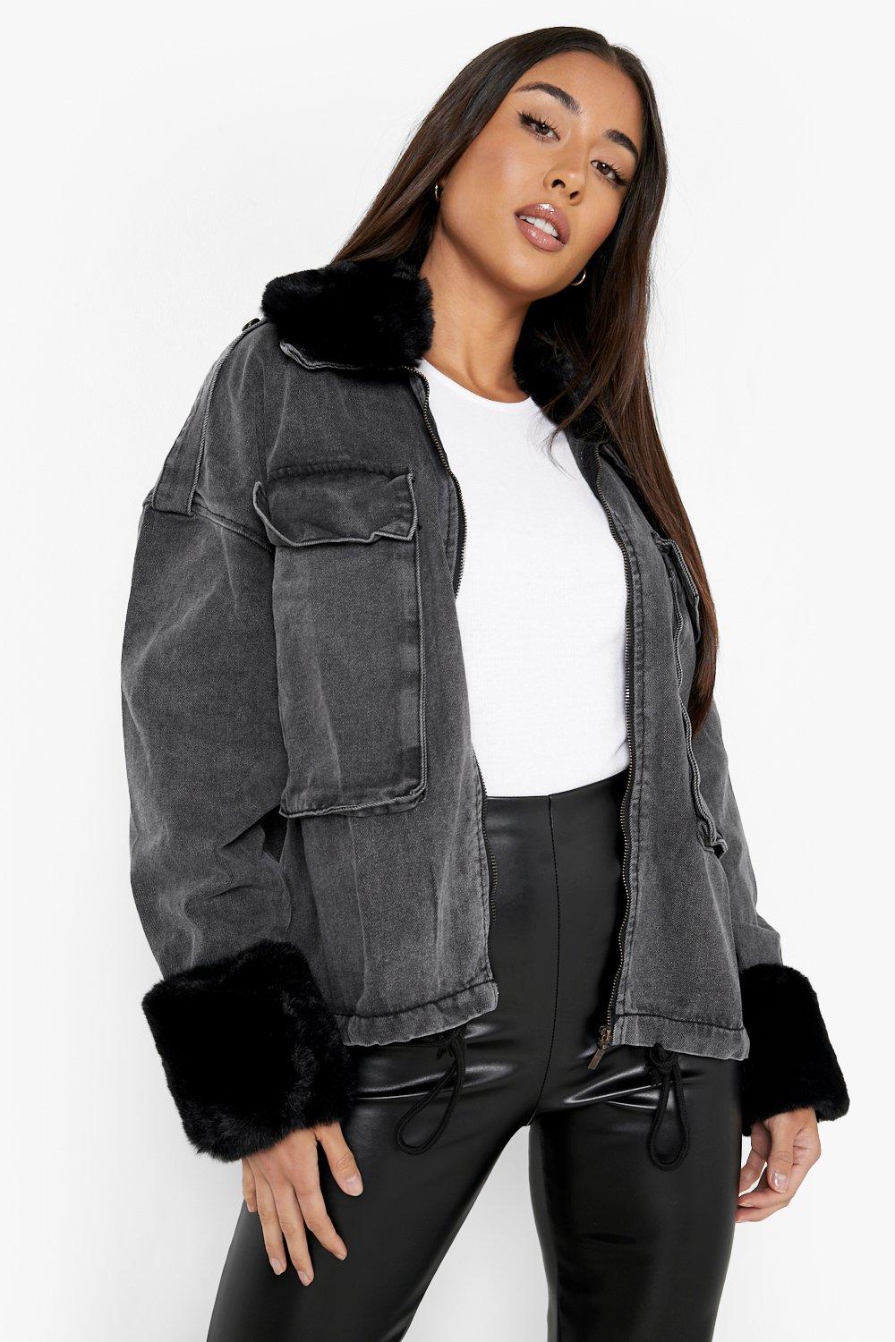 Black jean jacket with fur womens online