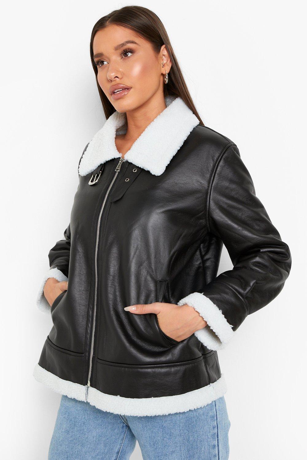 Oversized Teddy Faux Fur Trim Aviator Jacket boohoo CA