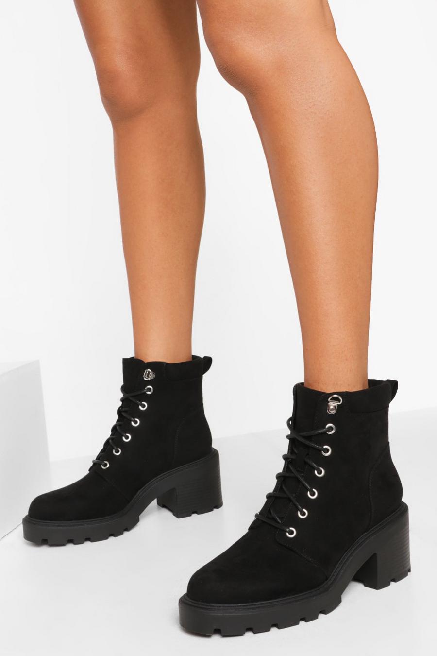 Black Wide Width Chunky Heeled Combat Boots image number 1