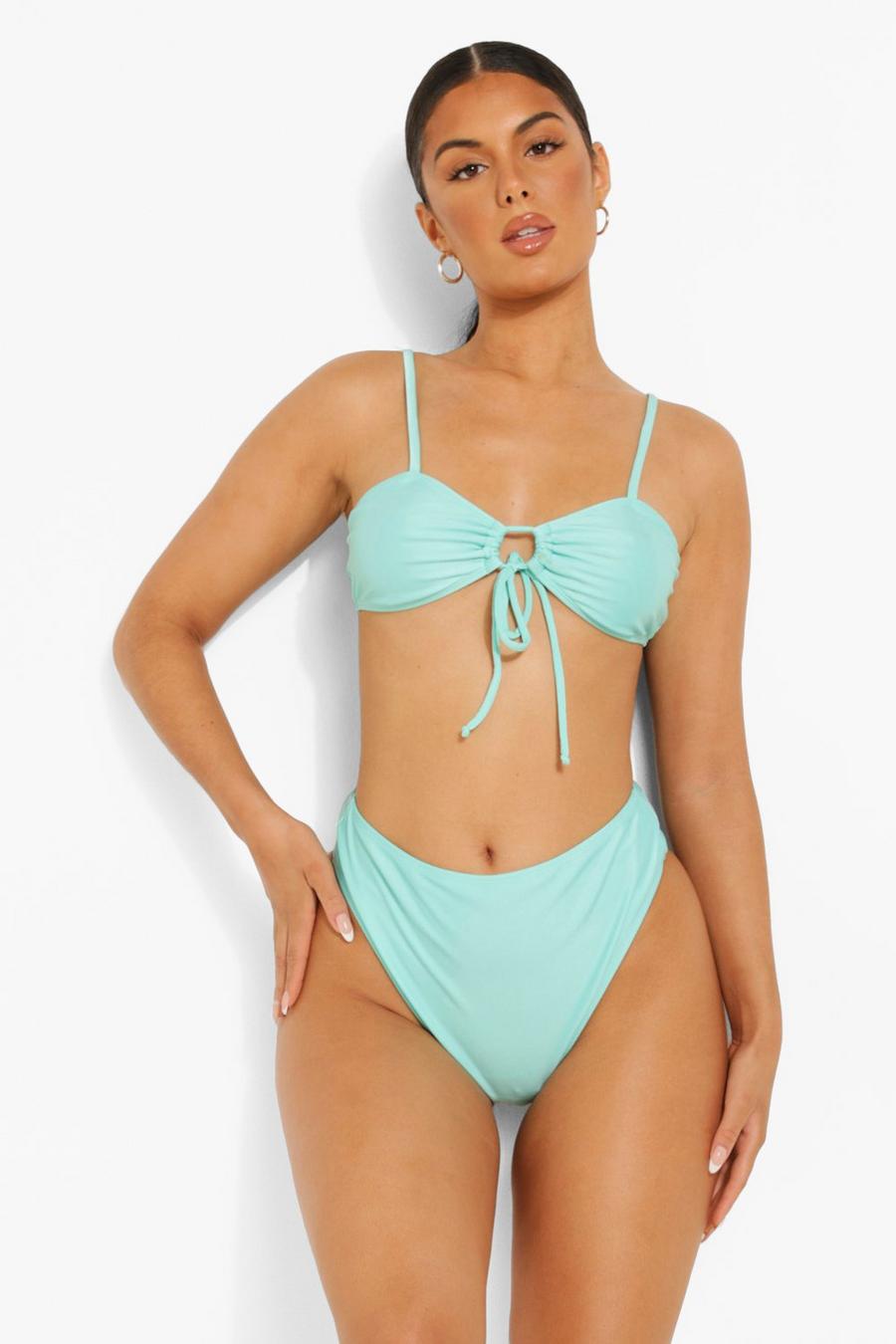 Mint Tie Front Strappy Bikini Crop Top image number 1