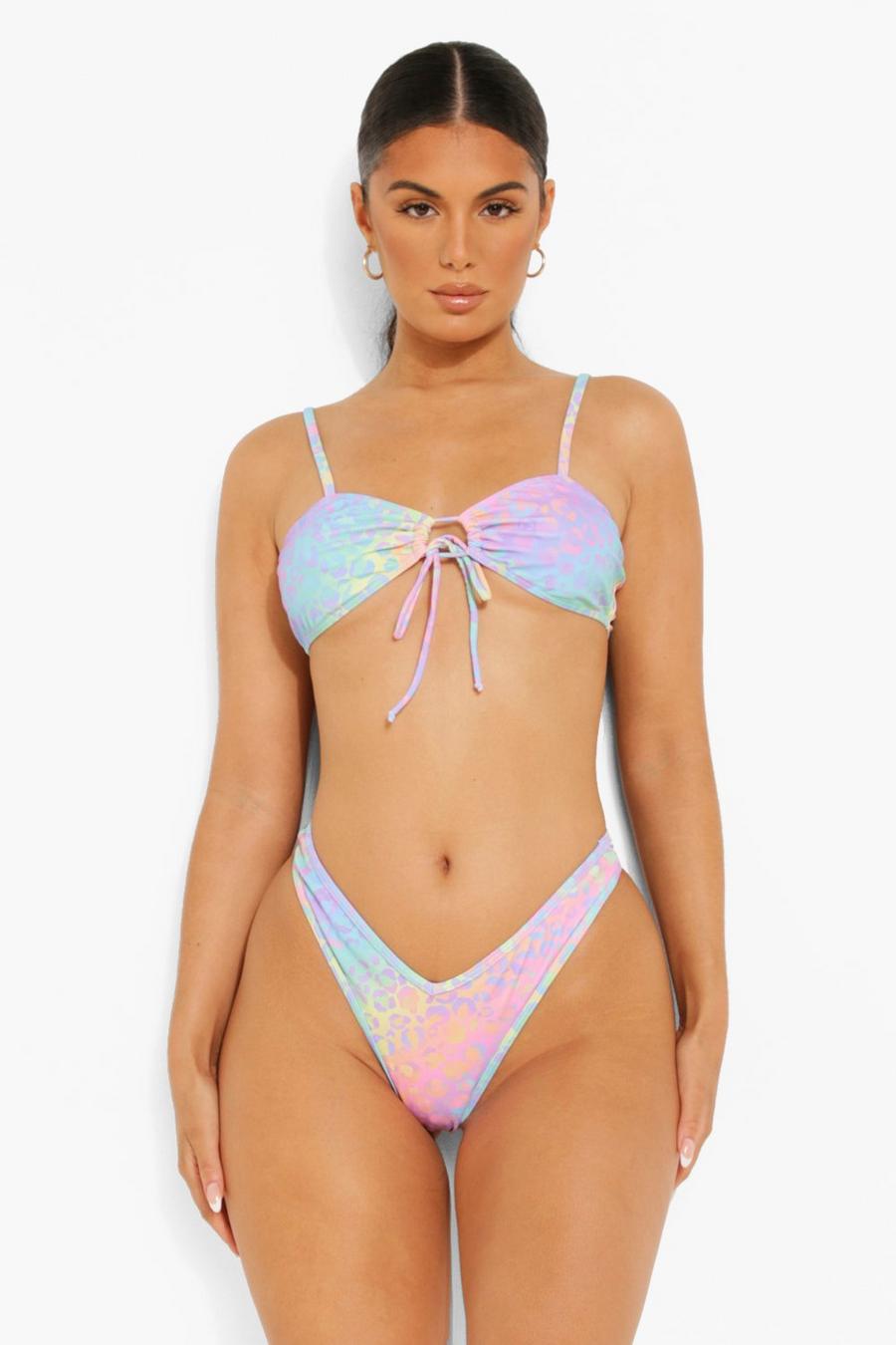 Lilac Leopard Tie Front Strappy Bikini Crop Top image number 1