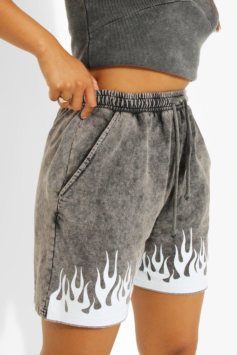 Acid Wash Flame Print Sweat Short