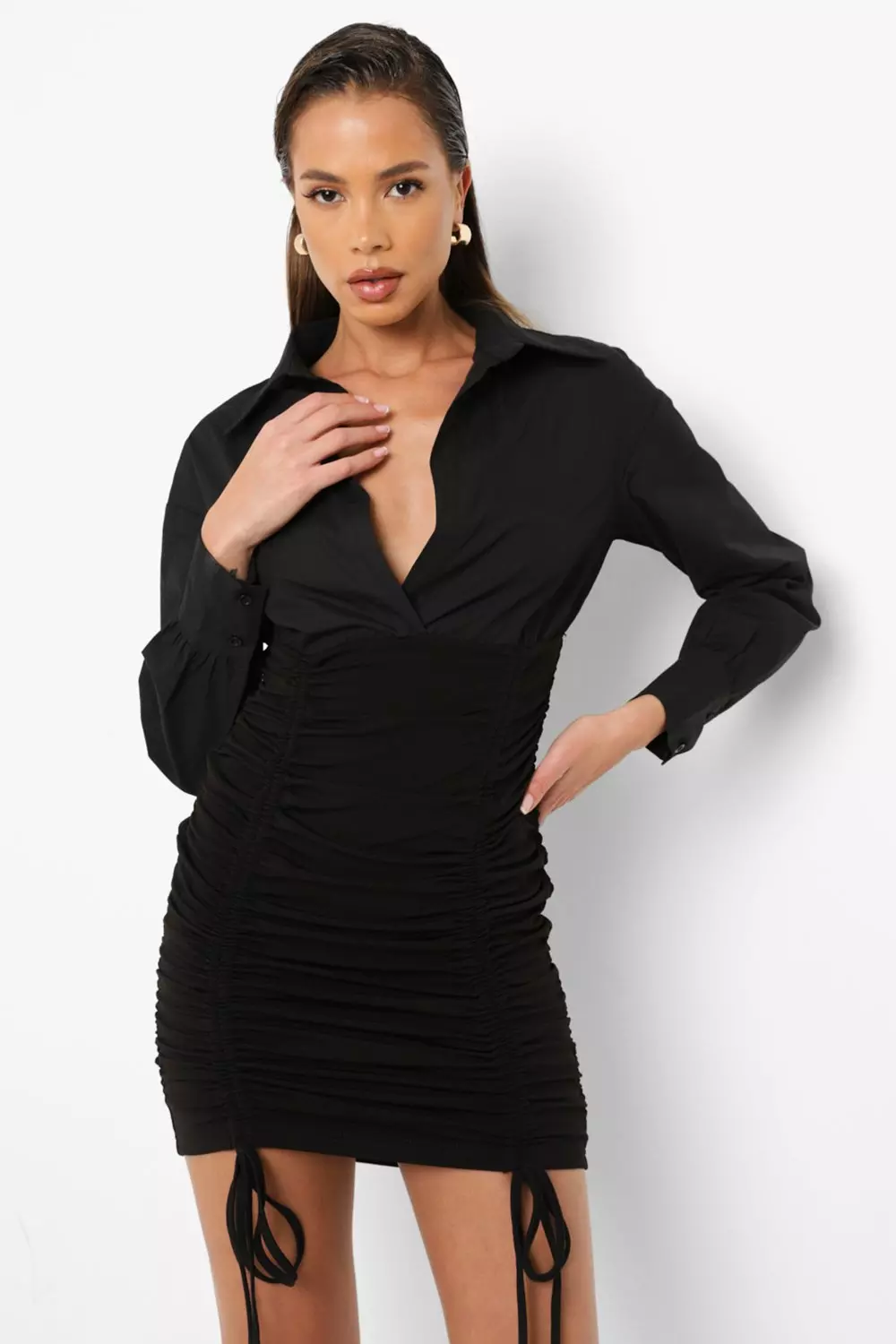 Ruched side sales fitted shirt dress