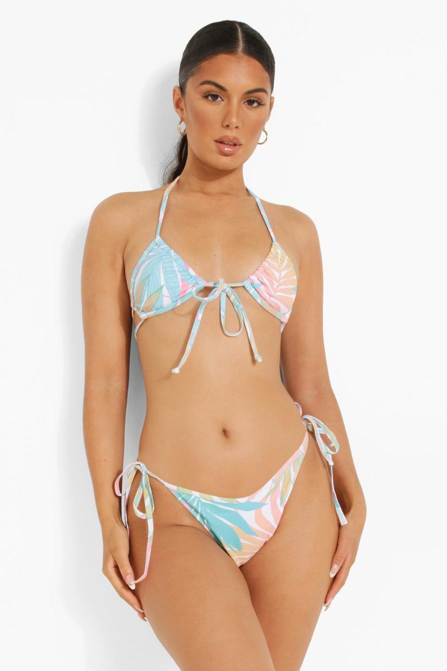 Slip bikini con laccetti laterali e stampa di palme color menta, Mint image number 1