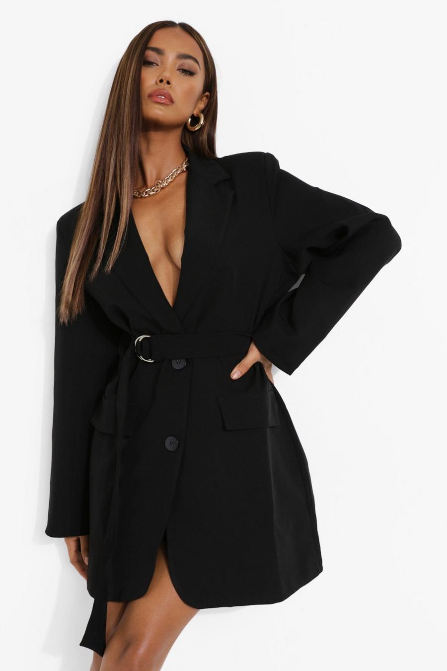 Black Oversized Belted Tailored Blazer Dress image number 1