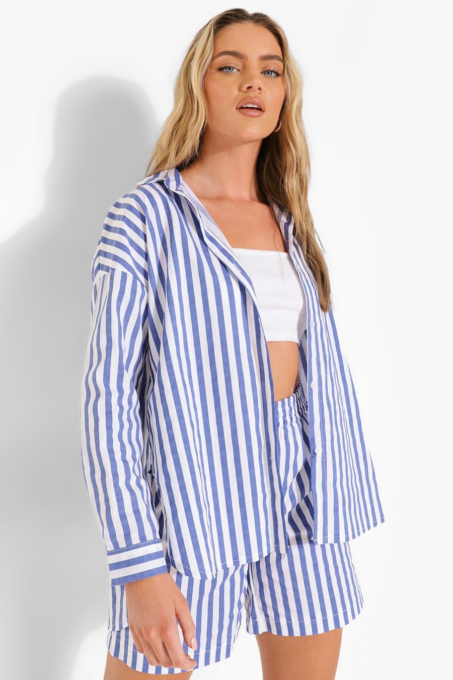 Blue Oversized Striped Shirt & Shorts image number 1
