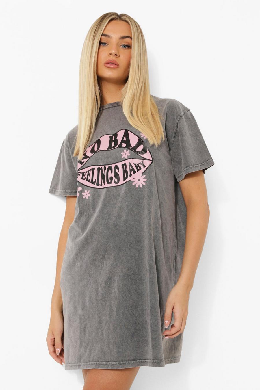 Charcoal Acid Wash No Bad Feelings T-shirt Dress image number 1