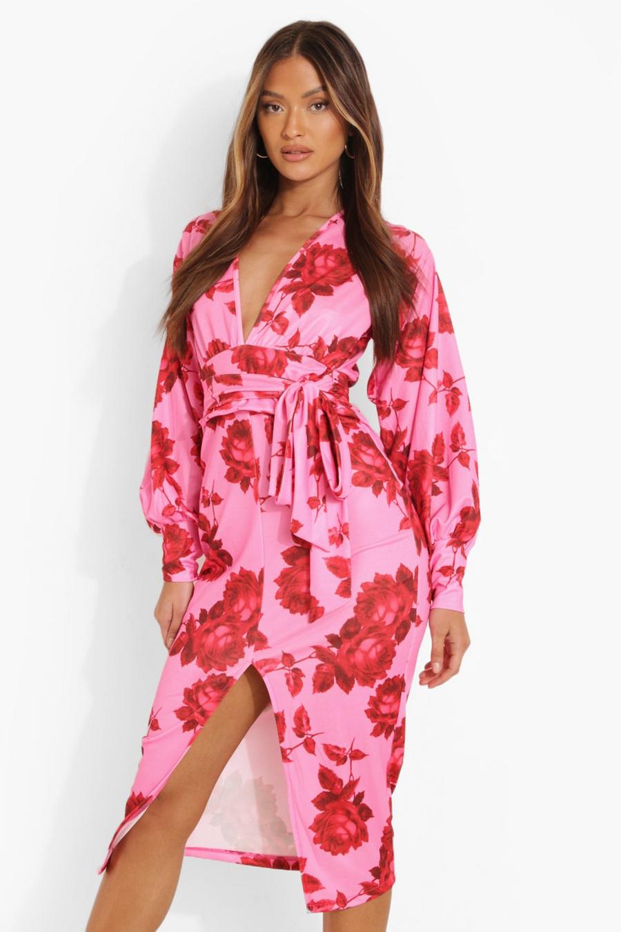 Pink Floral Print Plunge Tie Waist Midi Dress image number 1
