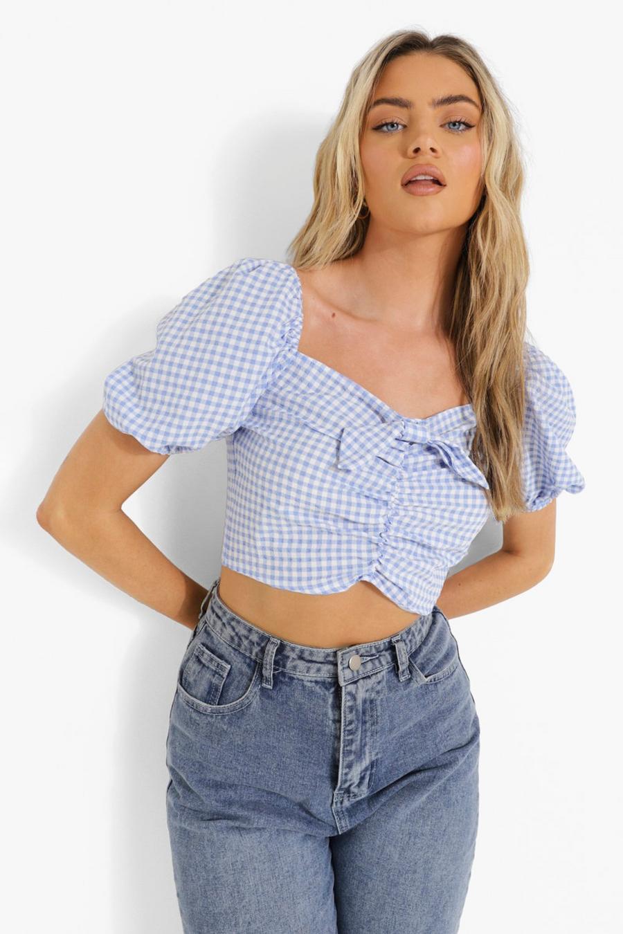 Blue Gingham Ruched Puff Sleeve Top image number 1