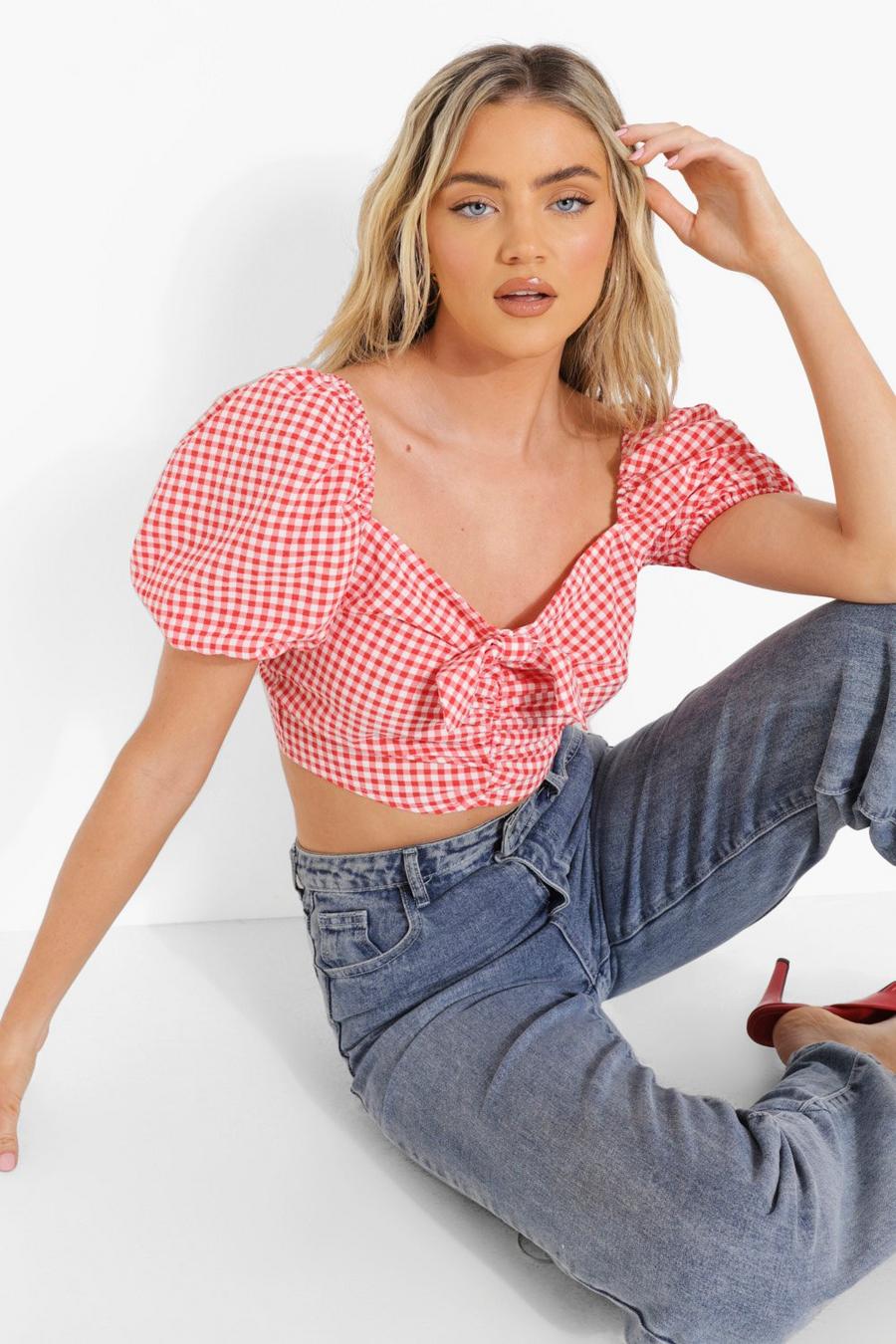 Red Gingham Ruched Puff Sleeve Top image number 1