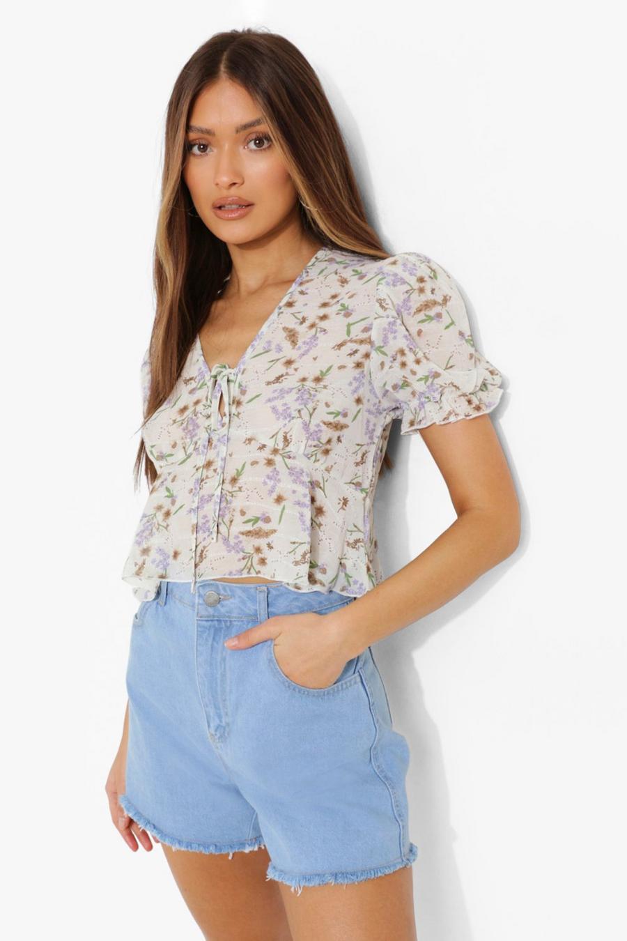 Blue Floral Woven Top image number 1