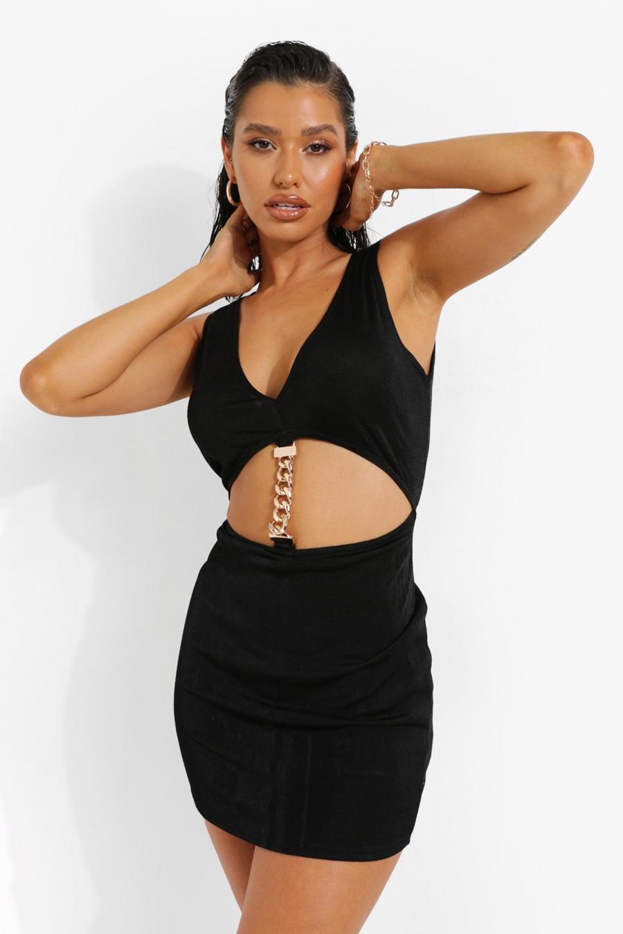 Black Slinky Cut Out Chain Detail Mini Dress image number 1