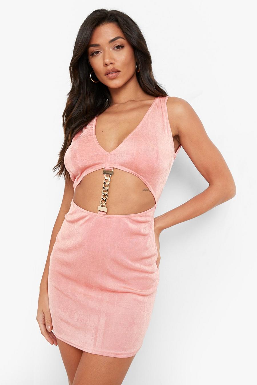 Peach Slinky Cut Out Chain Detail Mini Dress image number 1