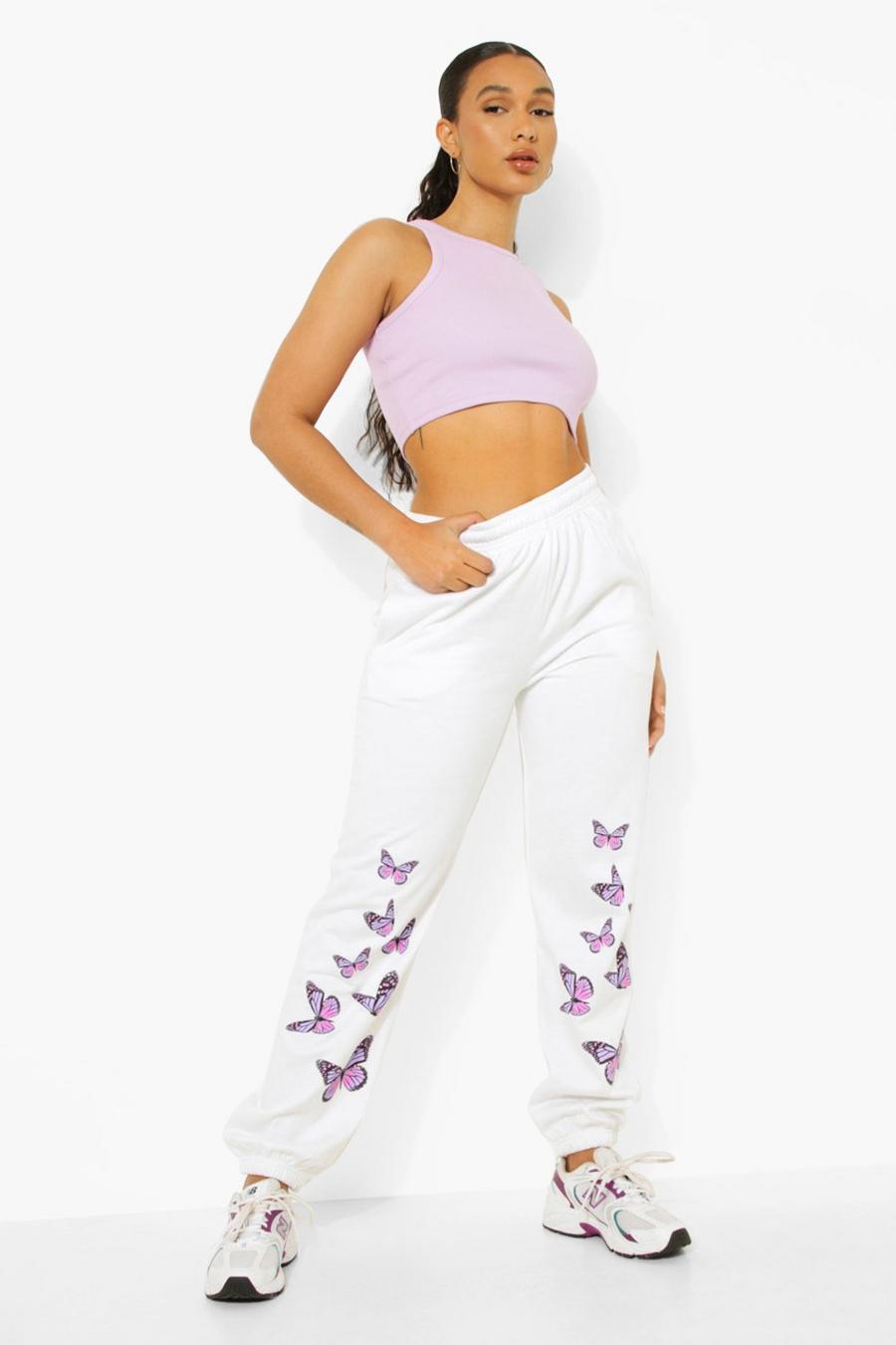White Butterfly Print Joggers image number 1