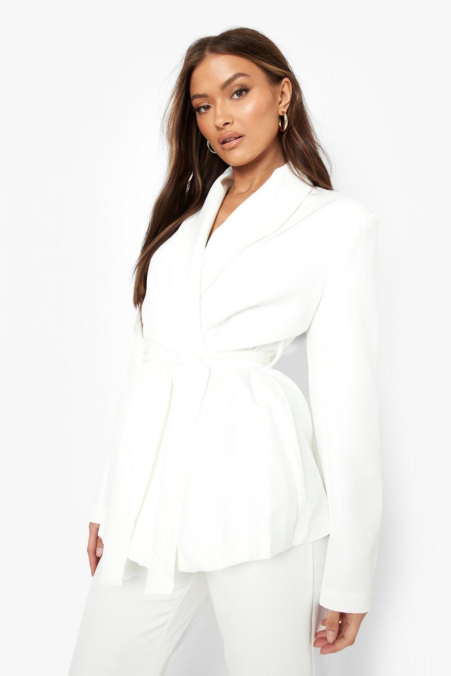 White Oversized Belted Tailored Blazer image number 1