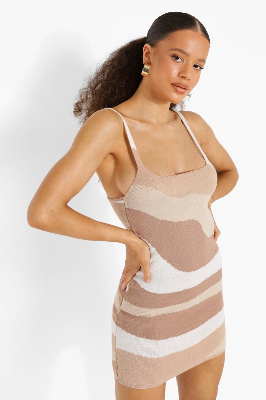 Stone beige Marble Print Knitted Mini Dress image number 1
