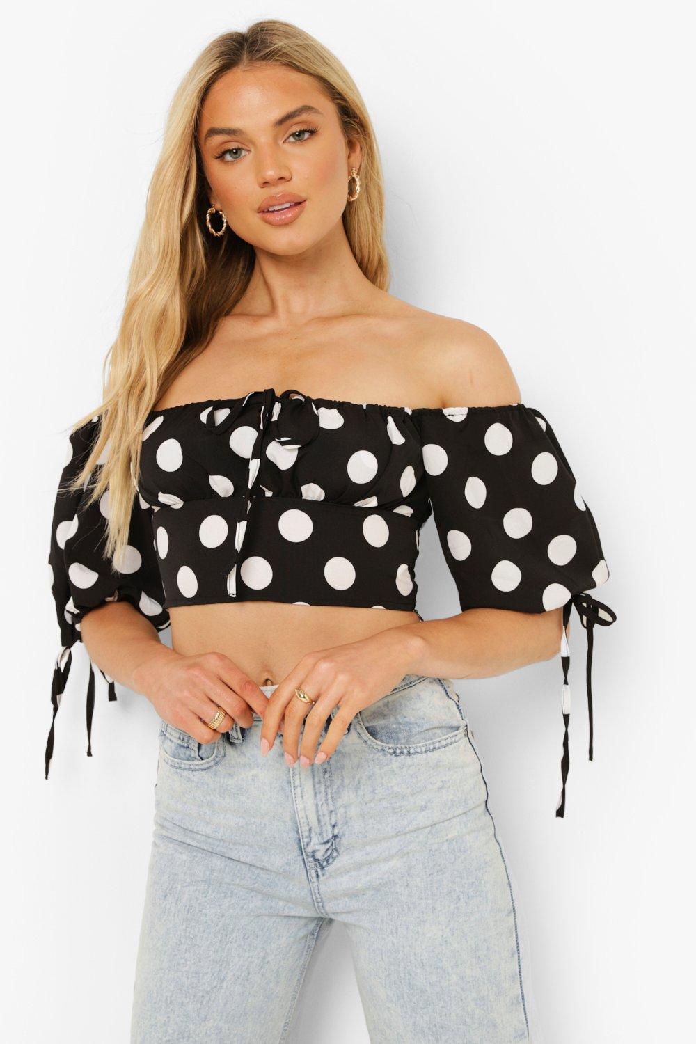 Black and white polka store dot off the shoulder top