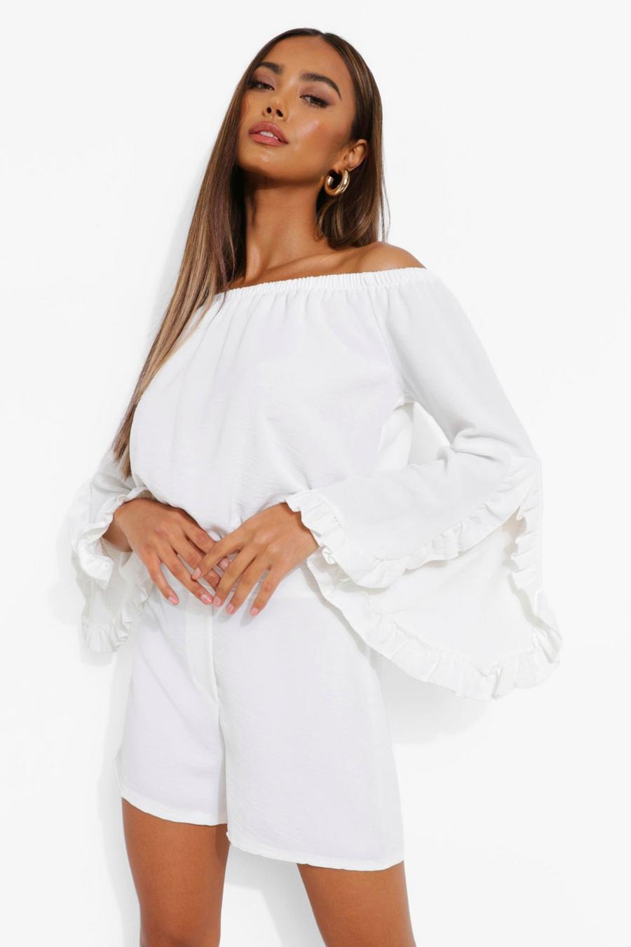 White Ruffle Off The Shoulder Crop & Shorts image number 1